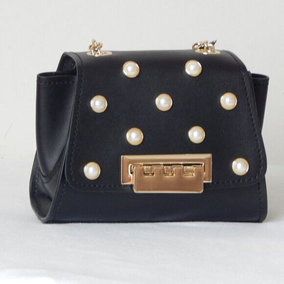 ZAC POSEN EARTHA MINI Pearl Studs Flap Chain Link Shoulder Bag Black NWT - Picture 3 of 10